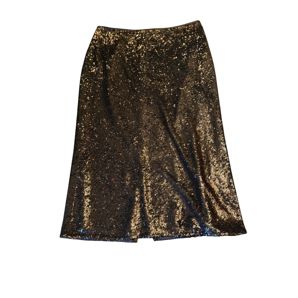 Cinq a Sept Skirt Black Gold Sequin Midi A-Line Back Slit Glam Cocktail L